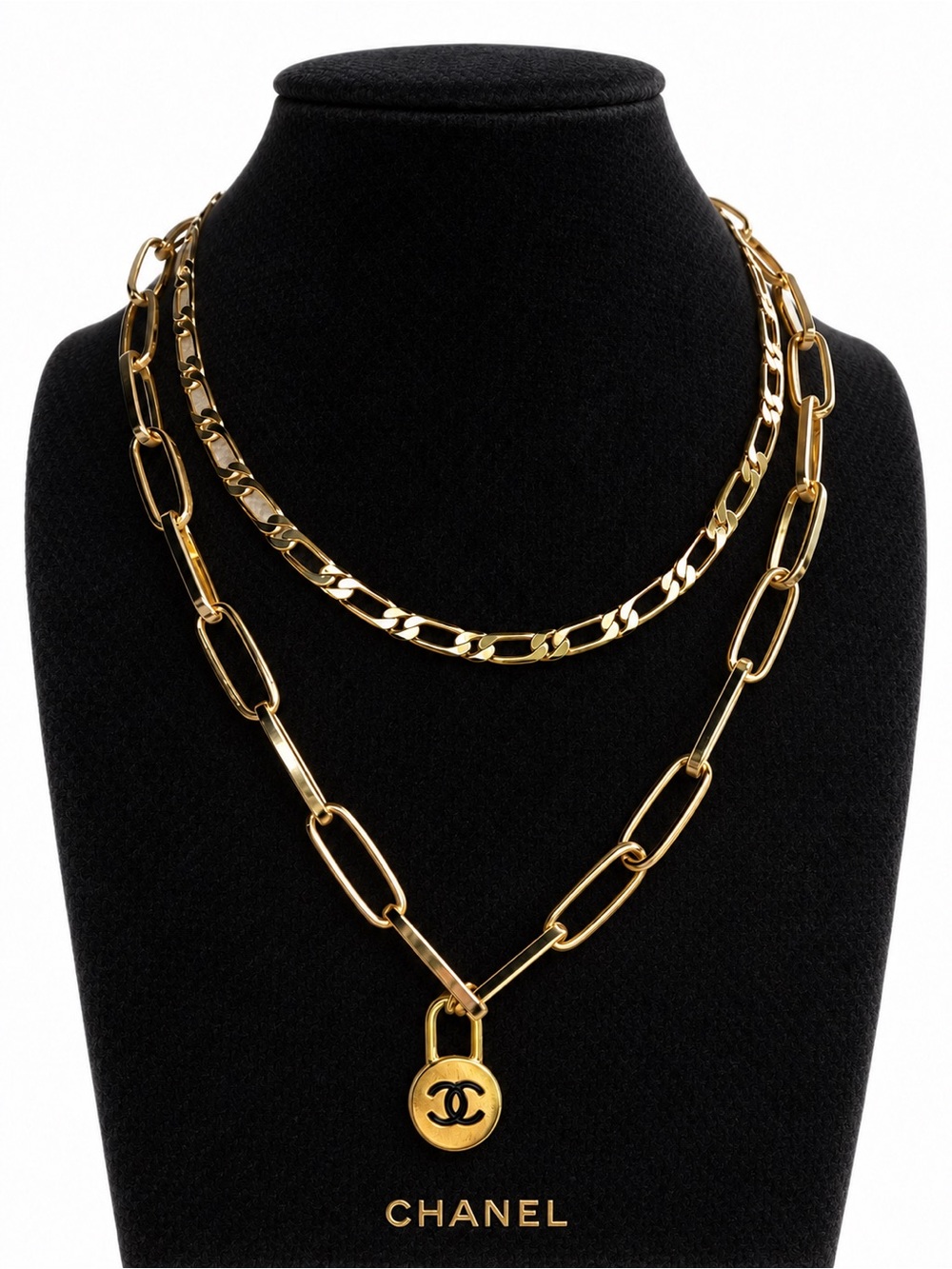 CHANEL Gold Double-Layer Chain Necklace with CC Padlock